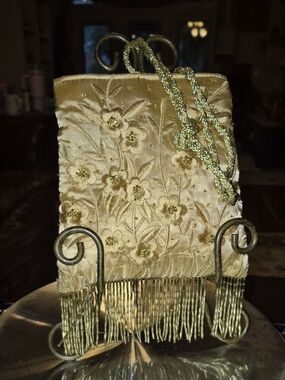 Magid  Small Satin Formal Crossbody Bag With Glass beaded Fringe. Champagne Gold